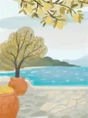 Illustratie van een citrusboom in een terracotta pot met uitzicht op zee en heuvels.
