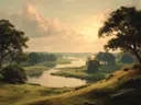 Schilderij van uitzicht over een rivierdelta bij zonsondergang