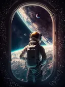 Astronaut kijkt uit over een planeetlandschap