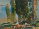 Under the Cypress Trees at Corfu van John Singer Sargent: landschap met cipressen, bomen, zee en figuren, in groen en blauw