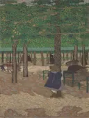 Under the Trees (from 'The Public Gardens') van Edouard Vuillard: landschap met park, bomen, hek en kind, in gedempt groen en okergeel