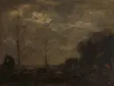 Vaart bij maanlicht van Jacob Maris: landschap met maanlicht, avond, kale bomen en water, in donkerbruin