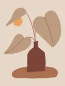Illustratie van een bruine vaas met verdroogde bladeren tegen een beige achtergrond.