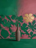 Schilderij van vaas met takken in smaragd en oud roze