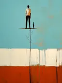 Surrealistisch schilderij van twee figuren op een zwevend platform