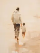 Vader en zoon wandelen hand in hand op het strand