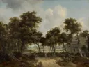 Vakwerkhuizen onder bomen van Meindert Hobbema: landschap met bos, bomen, huisjes en zandweg, in gedempt groen en bruin
