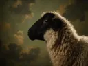 Studioportret van Valais Blacknose en profil, tegen een geschilderd doek in olijf