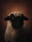 Studioportret van Valais Blacknose van voren, tegen een geschilderd doek in terracotta