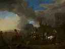 Valkenjacht van Philips Wouwerman: landschap met valkenjacht, ruiters, paarden en honden, in gedempt bruin met blauw