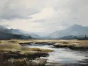 Berglandschap met rivier in de mist