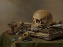 Vanitas-stilleven van Pieter Claesz: stilleven met boeken, roemer, groen kleed en pen, in gedempt groen en beige