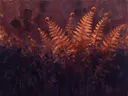 Varen aan de bosrand in terracotta, schilderij van varen tegen de lucht