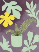 Schilderij van varen in aubergine en mint, in vlakke kleurvlakken