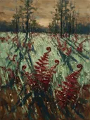 Varen in de weide in wijnmint, schilderij van varen