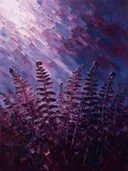 Varen onder de hemel in aubergine, schilderij van varen van dichtbij