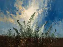 Varen onder de hemel in saliegrijs, schilderij van varen van dichtbij