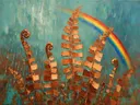 Varen tegen de lucht in terracotta, schilderij van varen tegen de lucht