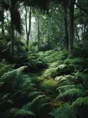 Varens onder hoge bomen in het groen, landschap schilderij