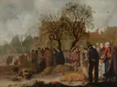 Varkensmarkt van Sybrand van Beest: figuren met markt, varkens, mensen en boom, in gedempt bruin met grijs