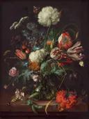 Vase of Flowers van Jan Davidsz de Heem: bloemen met boeket, tulpen, rozen en vaas, in rood en wit op donker