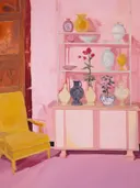 Vazenkast in een roze kamer, stilleven schilderij