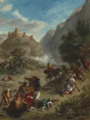 Vechtende Arabieren in de bergen van Eugène Delacroix: landschap met bomen