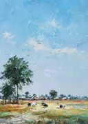 Grazend vee bij rieten hutten in een Afrikaans dorpslandschap