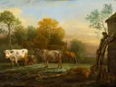 Vee in een weide van Paulus Potter: dieren met koeien, weide, bomen en boerderij, in warm groen en bruin