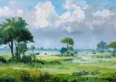 Vee op de groene savanne, landschap schilderij