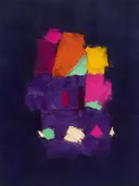 Paletmes abstract schilderij, veeg in de hoek in fel magenta