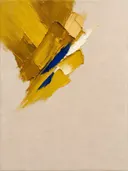 Paletmes abstract schilderij, veeg in de hoek in mosterd en kobalt