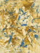 Action painting schilderij, veeg (sweep) in mosterd en kobalt