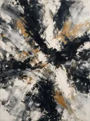 Action painting schilderij, veeg (sweep) in ravenzwart en parelmoer