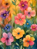Aquarel schilderij van veelkleurige bloemen op een oranje achtergrond