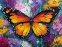 Schilderij van een zwart-oranje-witte vlinder boven kleurrijke bloemen