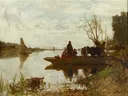 Veerpont van Jacob Maris: landschap met veerpont, water, koeien en riet, in warm bruin en grijs