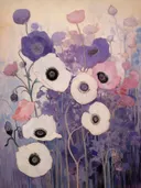 Schilderij van een veld met paarse, witte en roze anemonen.