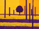 Schilderij van veld met boom in goudgeel en paars, in vlakke kleurvlakken
