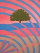 Schilderij van veld met boom in hemelsblauw en zalm