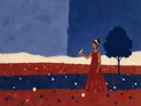 Schilderij van veld met boom in vermiljoen en indigo, in vlakke kleurvlakken
