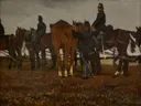 Veldartillerie (paarden en soldaten) van George Hendrik Breitner: figuren met paarden, soldaten, artillerie en veld, in donkerbruin en oker