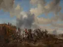 Veldslag van Philips Wouwerman: figuren met veldslag, ruiters, rook en paarden, in gedempt bruin met grijs