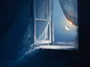 Schilderij van een open venster bij nacht met zicht op een wassende maan en ster