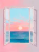 Venster op de zonsondergang schilderij, uitzicht op zee vanuit open raam