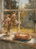 Schilderij van een vaas bloemen en een taart op een vensterbank in zonlicht.