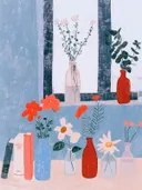 Vensterbank vol bloemen schilderij, stilleven met vazen en boeketten voor het raam
