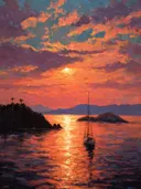 Schilderij van een verankerd zeilbootje bij een eilandje tijdens zonsondergang