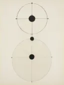 Abstracte geometrische compositie van twee cirkels verbonden door lijnen en kleine zwarte bollen.
