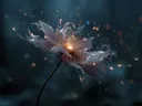 Schilderij van een roze bloem die oplost in lichtdeeltjes.